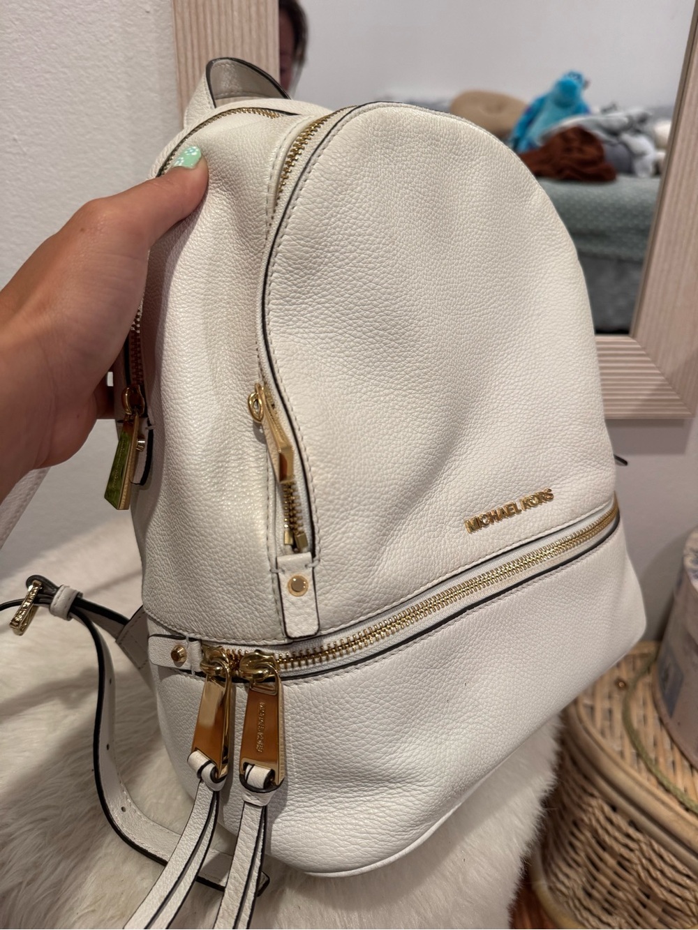 Michael Kors White Leather Backpack with Gold Hardware